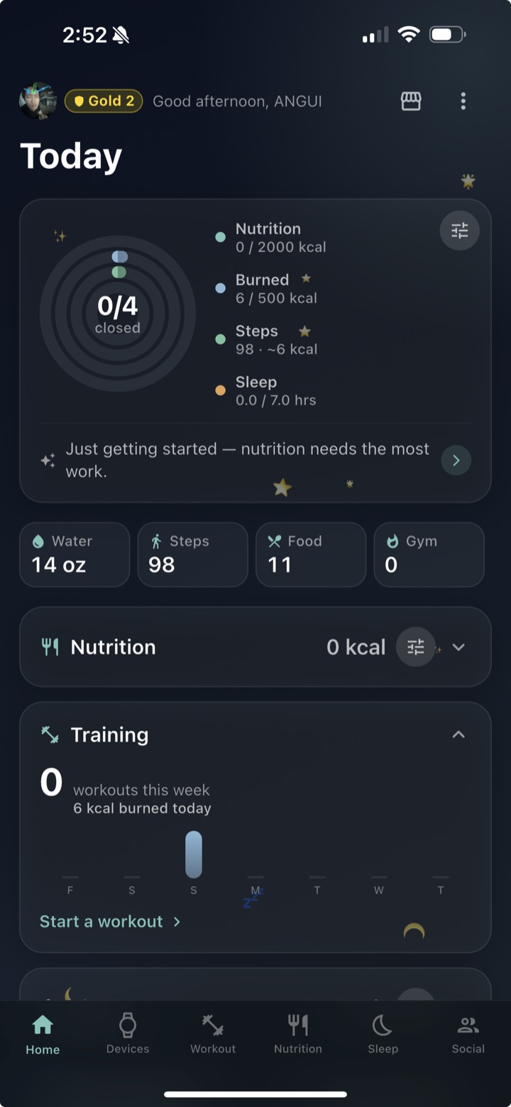 MyFitnessTech home screen showing daily rings for nutrition, calories burned, steps and sleep, with water, steps, food and gym tiles below