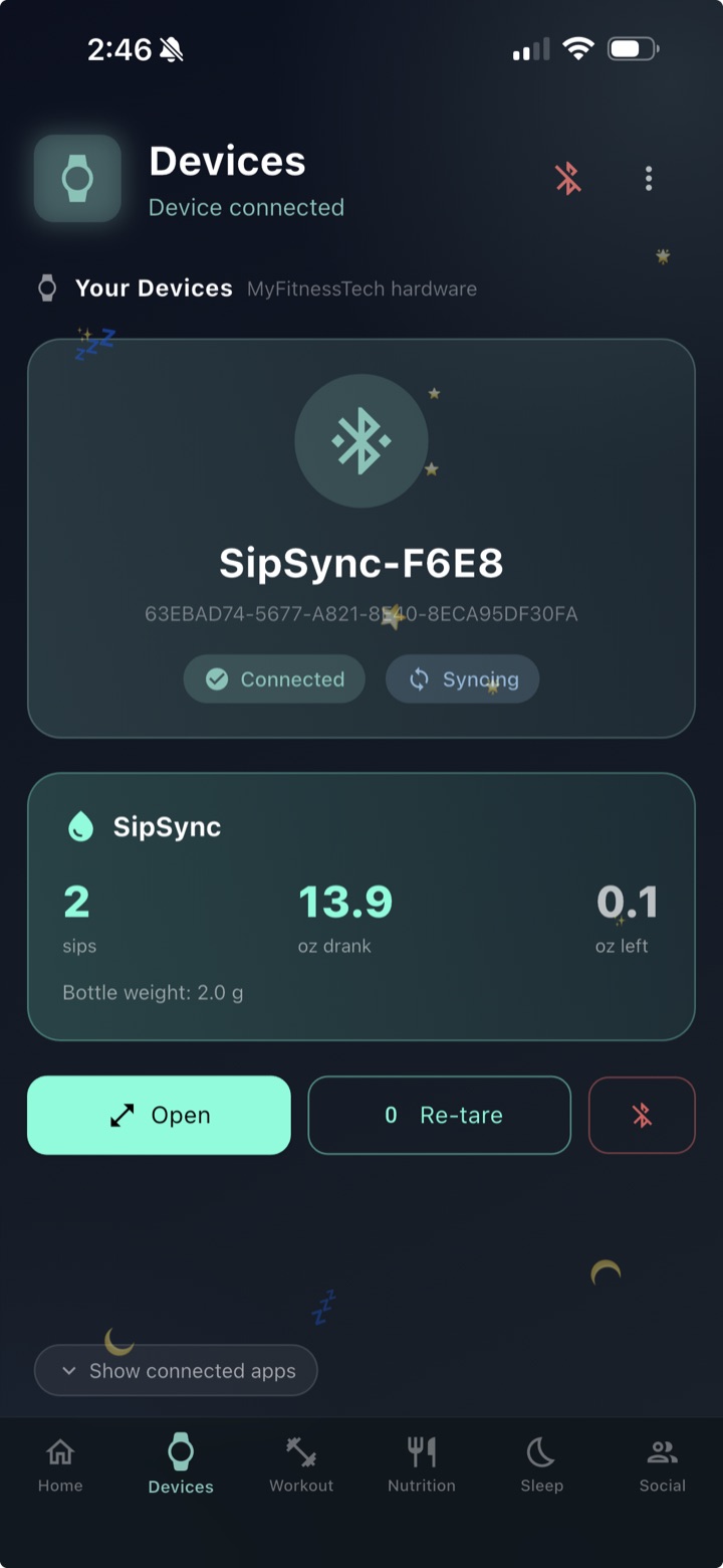 MyFitnessTech Devices screen with a SipSync bottle connected over Bluetooth, showing sips taken, ounces drank and ounces left